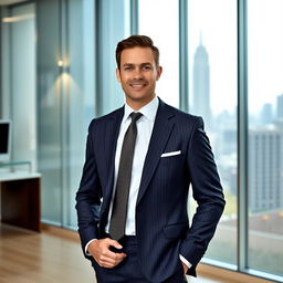 A portrait of a confident man in a tailored formal suit, standing in a stylish modern office