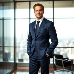 A portrait of a confident man in a tailored formal suit, standing in a stylish modern office