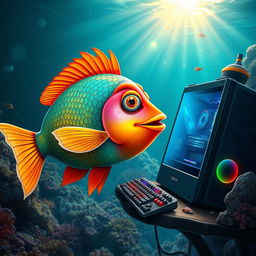 A whimsical scene depicting a fish skillfully using an expensive gaming PC while floating in the ocean