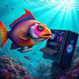 A whimsical scene depicting a fish skillfully using an expensive gaming PC while floating in the ocean