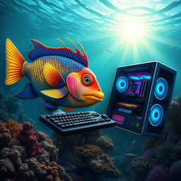 A whimsical scene depicting a fish skillfully using an expensive gaming PC while floating in the ocean