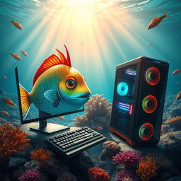 A whimsical scene of a colorful fish using an expensive gaming PC in the ocean, surrounded by coral reefs and other marine life