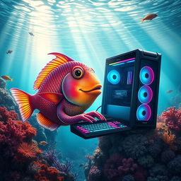 A whimsical scene of a colorful fish using an expensive gaming PC in the ocean, surrounded by coral reefs and other marine life