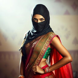 A hot Indian woman elegantly dressed in a colorful saree, featuring intricate designs and patterns, with a balaclava covering her face, creating a mysterious and intriguing look