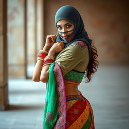 A hot Indian woman elegantly dressed in a colorful saree, featuring intricate designs and patterns, with a balaclava covering her face, creating a mysterious and intriguing look