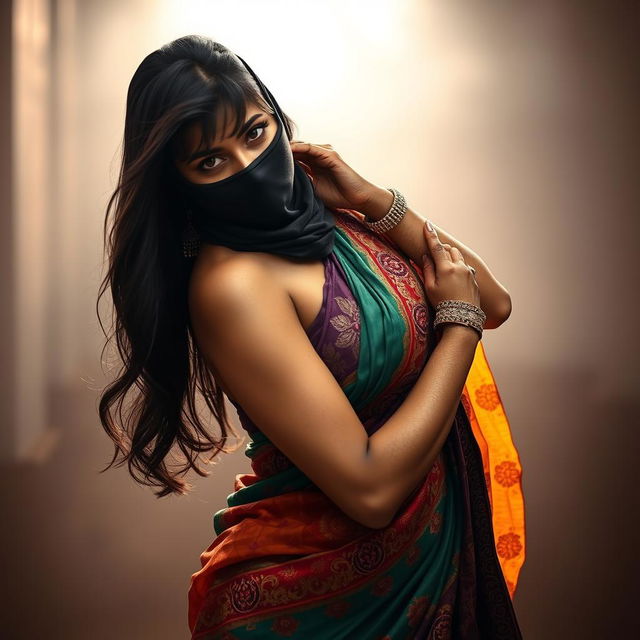 A hot Indian woman elegantly dressed in a colorful saree, featuring intricate designs and patterns, with a balaclava covering her face, creating a mysterious and intriguing look