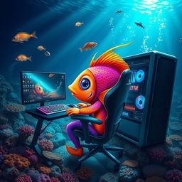A fun and imaginative scene featuring a colorful fish using an elaborate, high-end gaming PC setup in the ocean