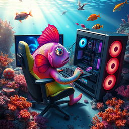 A fun and imaginative scene featuring a colorful fish using an elaborate, high-end gaming PC setup in the ocean