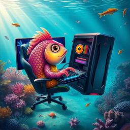 A fun and imaginative scene featuring a colorful fish using an elaborate, high-end gaming PC setup in the ocean