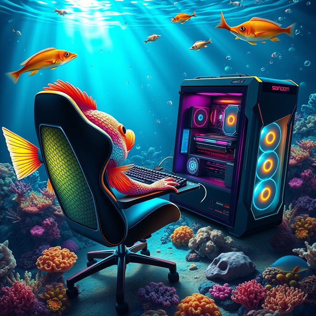 A fun and imaginative scene featuring a colorful fish using an elaborate, high-end gaming PC setup in the ocean