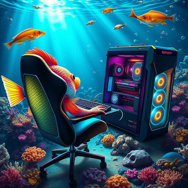 A fun and imaginative scene featuring a colorful fish using an elaborate, high-end gaming PC setup in the ocean