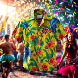 A vibrant and colorful carnival shirt, adorned with intricate patterns and lively designs, featuring tropical motifs such as palm trees, flowers, and feathers