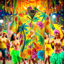 A vibrant and colorful carnival shirt, adorned with intricate patterns and lively designs, featuring tropical motifs such as palm trees, flowers, and feathers