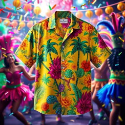 A vibrant and colorful carnival shirt, adorned with intricate patterns and lively designs, featuring tropical motifs such as palm trees, flowers, and feathers