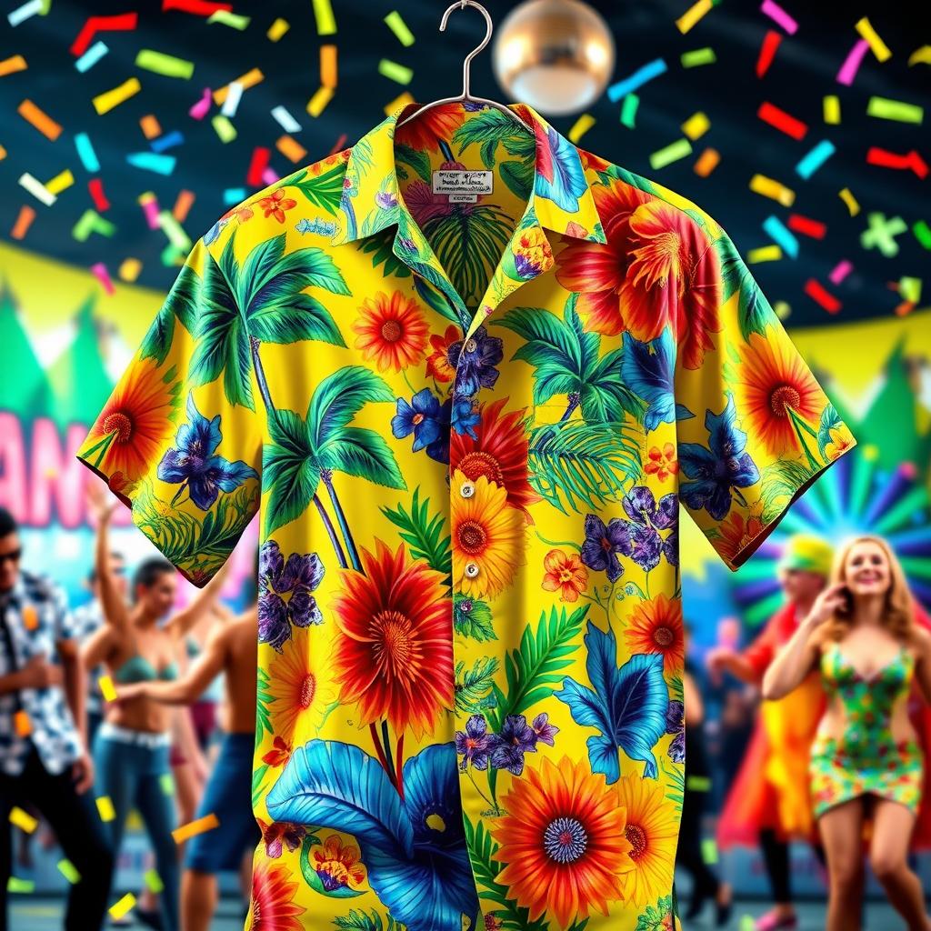 A vibrant and colorful carnival shirt, adorned with intricate patterns and lively designs, featuring tropical motifs such as palm trees, flowers, and feathers