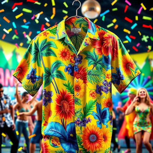 A vibrant and colorful carnival shirt, adorned with intricate patterns and lively designs, featuring tropical motifs such as palm trees, flowers, and feathers
