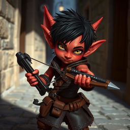 A small Tiefling rogue with vibrant red skin, expertly handling a sleek hand crossbow