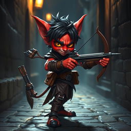 A small Tiefling rogue with vibrant red skin, expertly handling a sleek hand crossbow