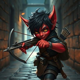 A small Tiefling rogue with vibrant red skin, expertly handling a sleek hand crossbow
