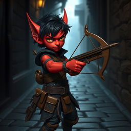 A small Tiefling rogue with vibrant red skin, expertly handling a sleek hand crossbow
