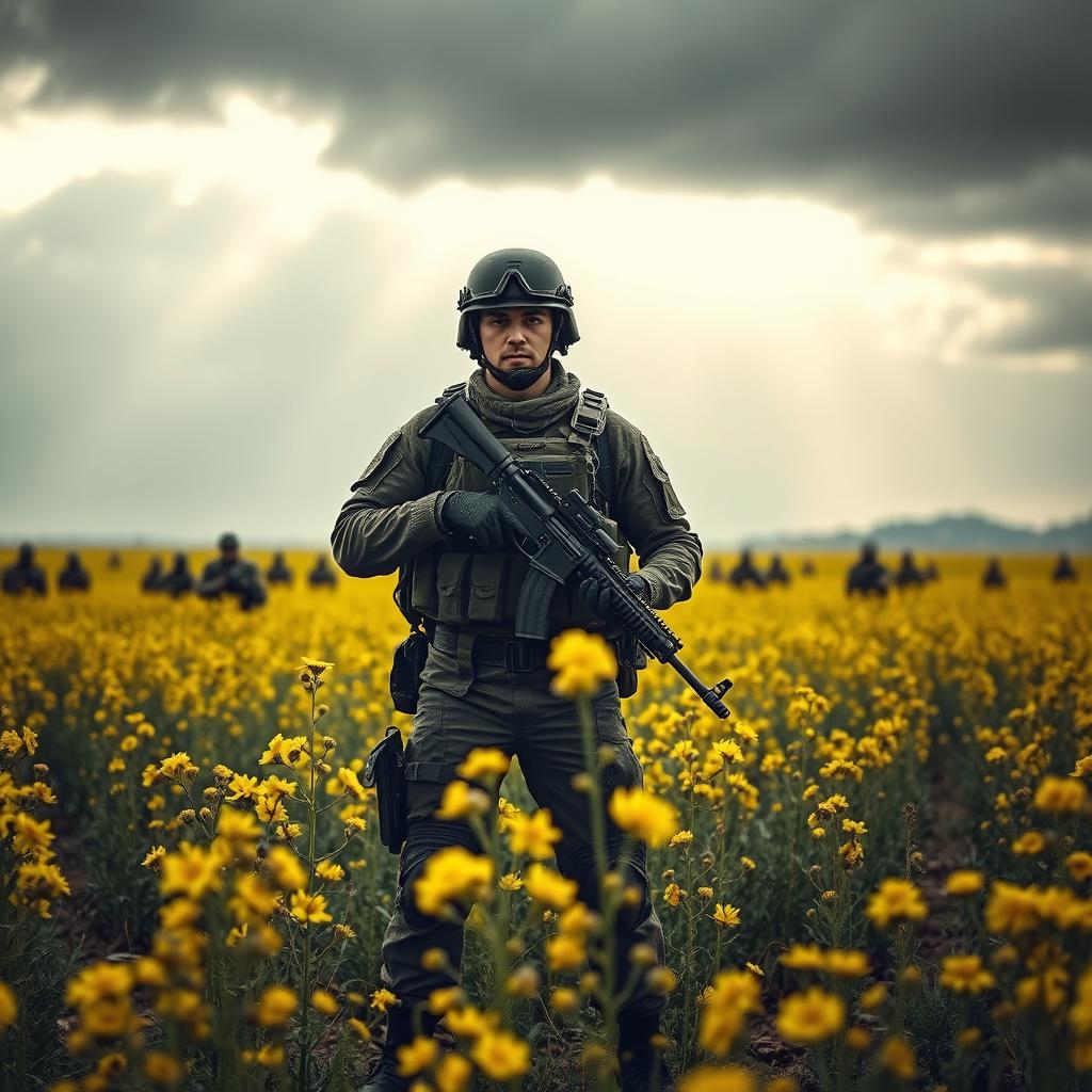 A dramatic war scene featuring a single soldier standing bravely in the foreground of a battlefield