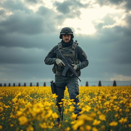 A dramatic war scene featuring a single soldier standing bravely in the foreground of a battlefield
