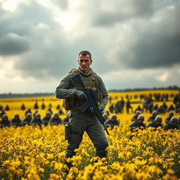 A dramatic war scene featuring a single soldier standing bravely in the foreground of a battlefield