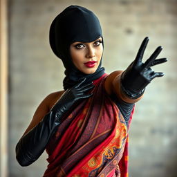 A hot Indian woman striking a captivating pose, elegantly adorned in a vibrant saree with detailed patterns and rich colors, paired with a balaclava that adds an air of mystery