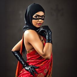 A hot Indian woman striking a captivating pose, elegantly adorned in a vibrant saree with detailed patterns and rich colors, paired with a balaclava that adds an air of mystery