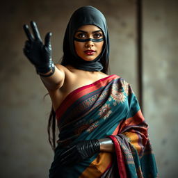 A hot Indian woman striking a captivating pose, elegantly adorned in a vibrant saree with detailed patterns and rich colors, paired with a balaclava that adds an air of mystery