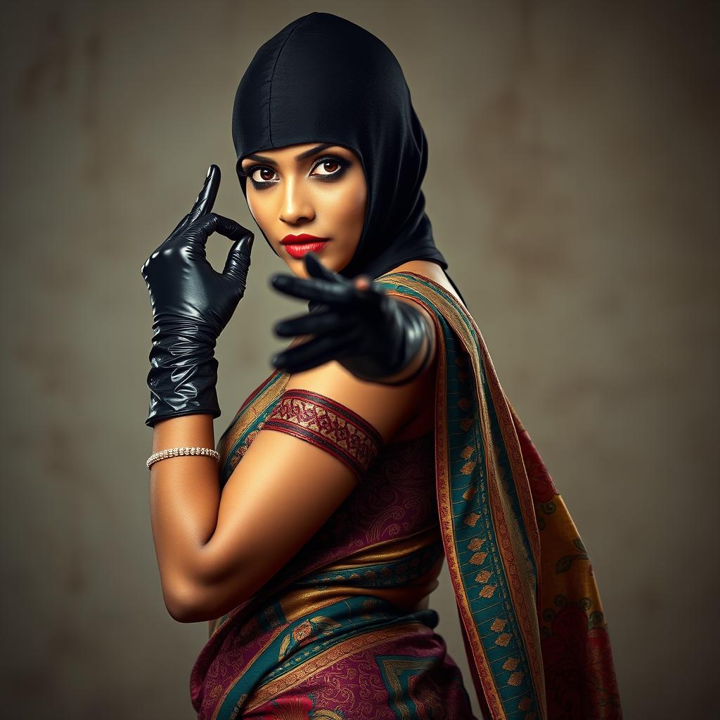 A hot Indian woman striking a captivating pose, elegantly adorned in a vibrant saree with detailed patterns and rich colors, paired with a balaclava that adds an air of mystery