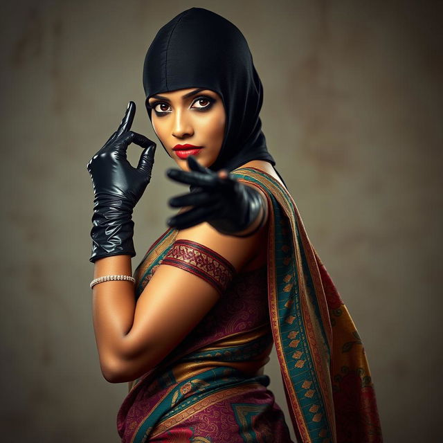 A hot Indian woman striking a captivating pose, elegantly adorned in a vibrant saree with detailed patterns and rich colors, paired with a balaclava that adds an air of mystery