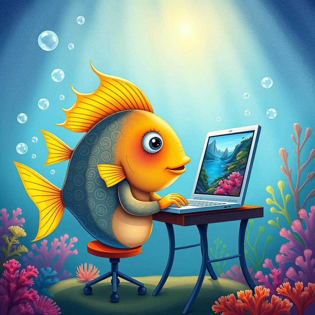 A whimsical and imaginative illustration of a fish adeptly using a computer