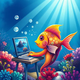 A whimsical and imaginative illustration of a fish adeptly using a computer