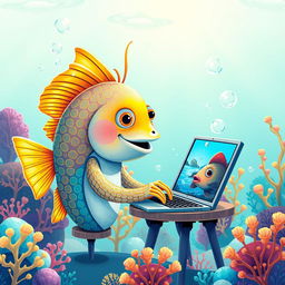 A whimsical and imaginative illustration of a fish adeptly using a computer