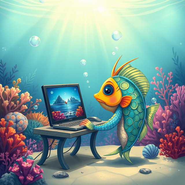 A whimsical and imaginative illustration of a fish adeptly using a computer