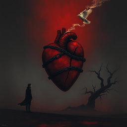 A deeply emotional and melancholic illustration inspired by song lyrics with a dark and atmospheric background composed of dark red and black tones, symbolizing pain and loneliness