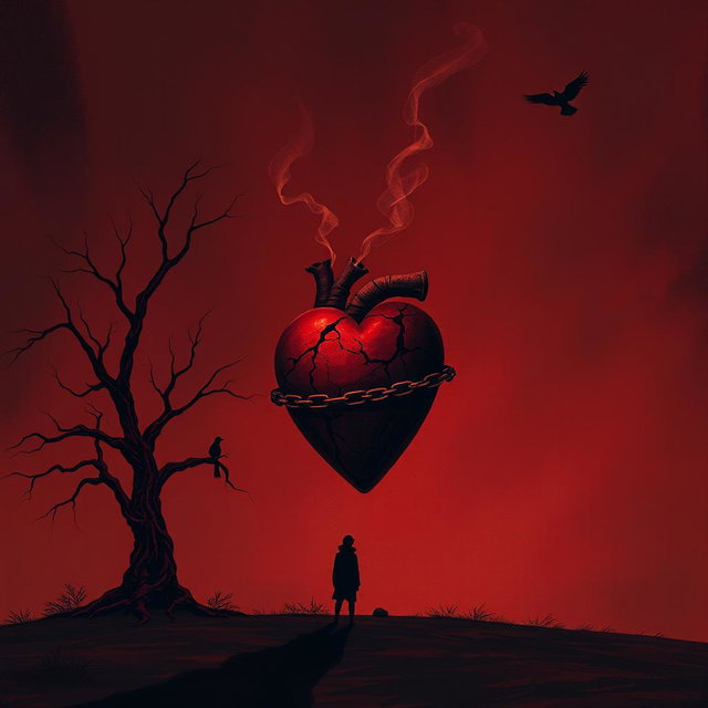 A deeply emotional and melancholic illustration inspired by song lyrics with a dark and atmospheric background composed of dark red and black tones, symbolizing pain and loneliness