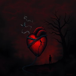 A deeply emotional and melancholic illustration inspired by song lyrics with a dark and atmospheric background composed of dark red and black tones, symbolizing pain and loneliness