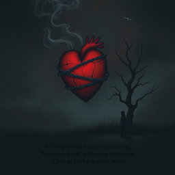 A deeply emotional and melancholic illustration inspired by song lyrics with a dark and atmospheric background composed of dark red and black tones, symbolizing pain and loneliness