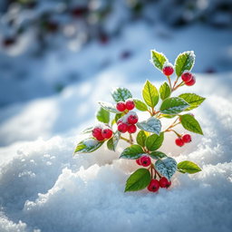 A beautiful frost berry plant emerging from a blanket of snow, showcasing vibrant red berries dusted with a light coating of frost