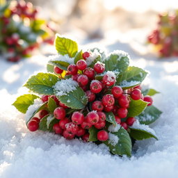 A beautiful frost berry plant emerging from a blanket of snow, showcasing vibrant red berries dusted with a light coating of frost