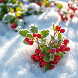 A beautiful frost berry plant emerging from a blanket of snow, showcasing vibrant red berries dusted with a light coating of frost