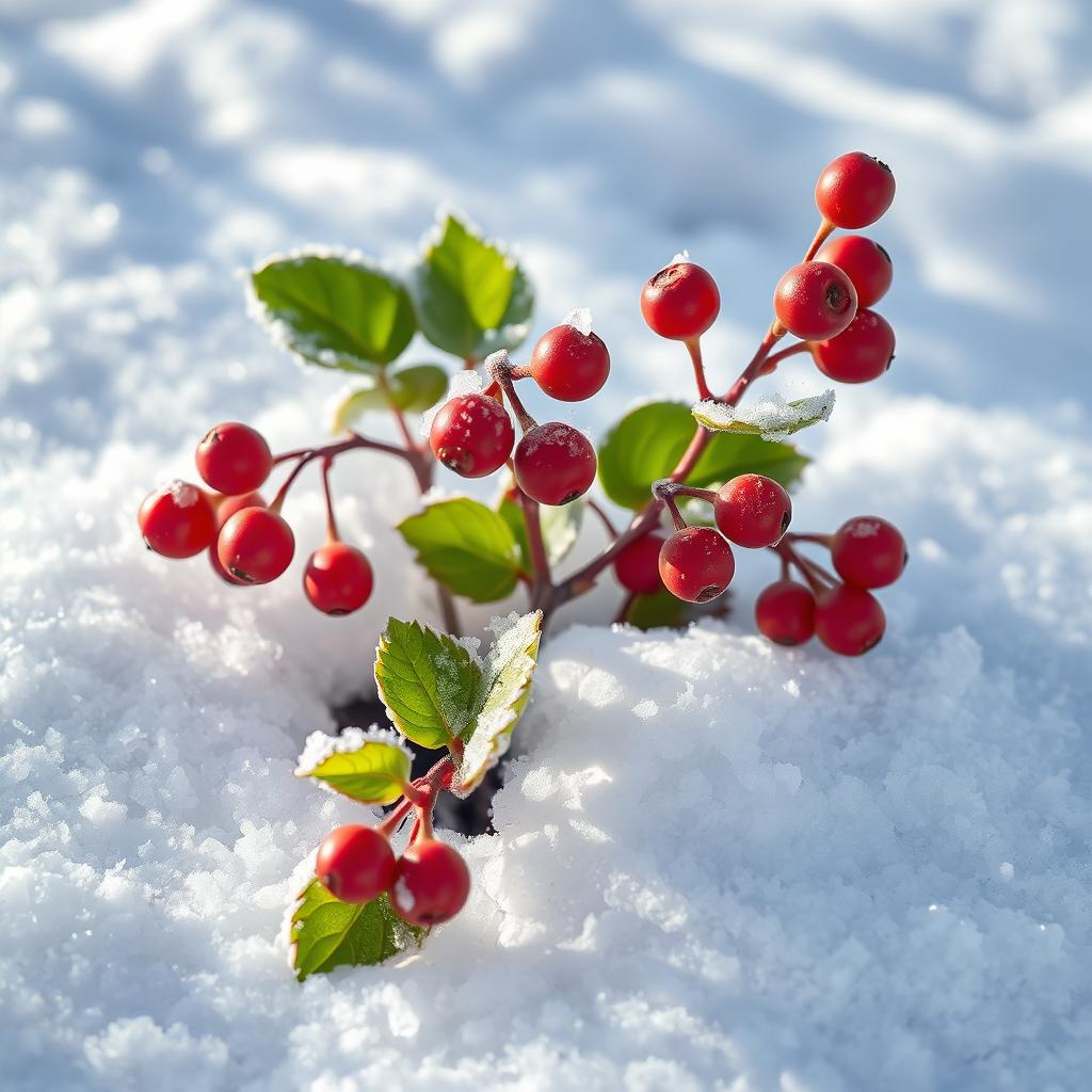 A beautiful frost berry plant emerging from a blanket of snow, showcasing vibrant red berries dusted with a light coating of frost