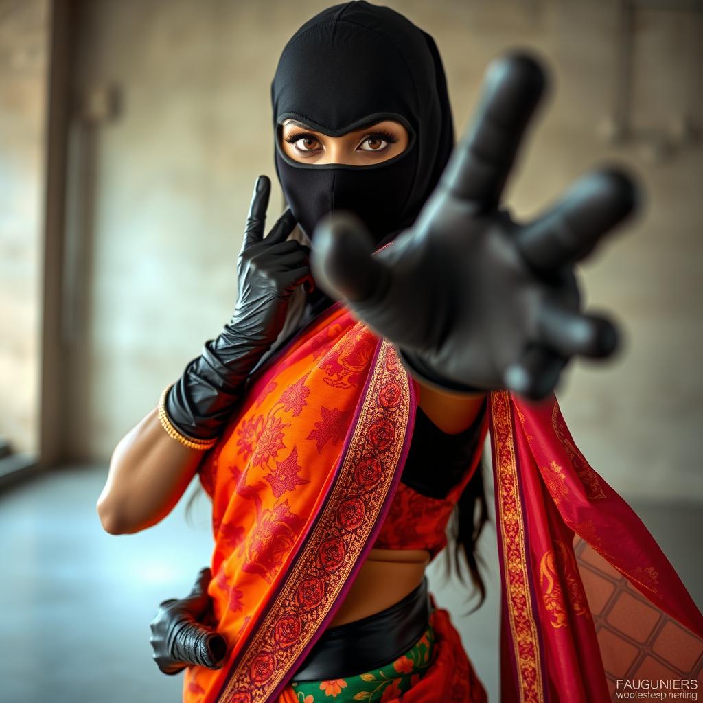A hot Indian woman striking a bold pose in a vibrant saree, adorned with elaborate patterns and rich colors, combined with a balaclava that adds a touch of intrigue