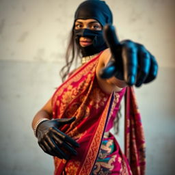 A hot Indian woman striking a bold pose in a vibrant saree, adorned with elaborate patterns and rich colors, combined with a balaclava that adds a touch of intrigue