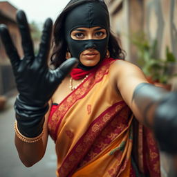 A hot Indian woman striking a bold pose in a vibrant saree, adorned with elaborate patterns and rich colors, combined with a balaclava that adds a touch of intrigue