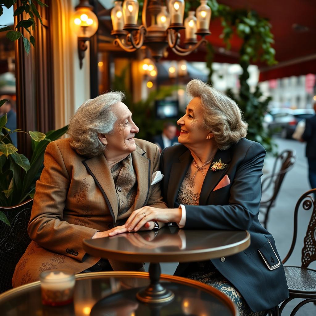An elegant old money couple, a distinguished man in a tailored, classic suit and a sophisticated woman in a vintage, ornate dress, sitting closely together at a luxurious outdoor café table, exchanging affectionate glances