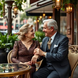 An elegant old money couple, a distinguished man in a tailored, classic suit and a sophisticated woman in a vintage, ornate dress, sitting closely together at a luxurious outdoor café table, exchanging affectionate glances