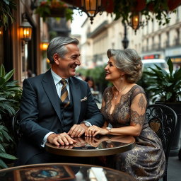 An elegant old money couple, a distinguished man in a tailored, classic suit and a sophisticated woman in a vintage, ornate dress, sitting closely together at a luxurious outdoor café table, exchanging affectionate glances